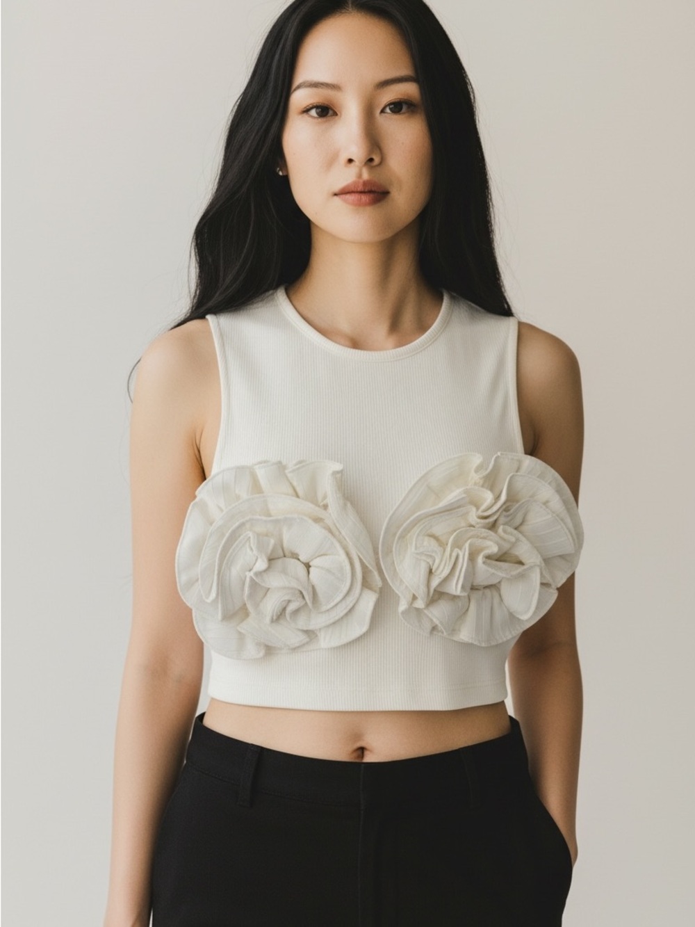 Zara Ivory Floral Appliqué Cropped Tank